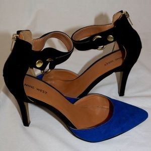 nine west blue and black suede buckle heels
